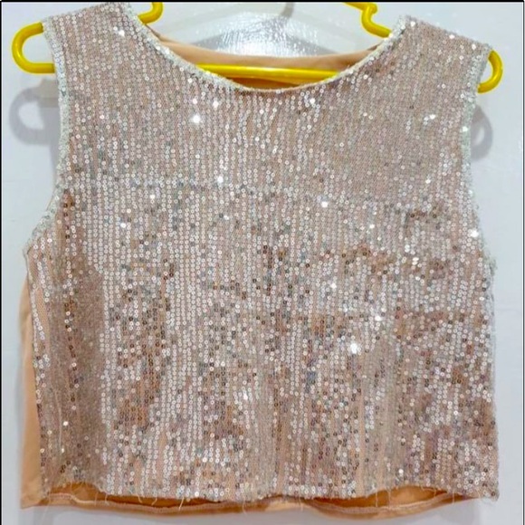 Tops - Shiny Creamy Sequinned Striped stretchable Crop Top